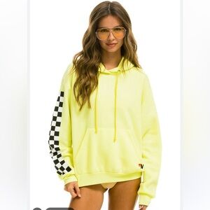 Aviator Nation Pullover Hoodie Sweatshirt Neon Yellow Checkered Sleeve Size M